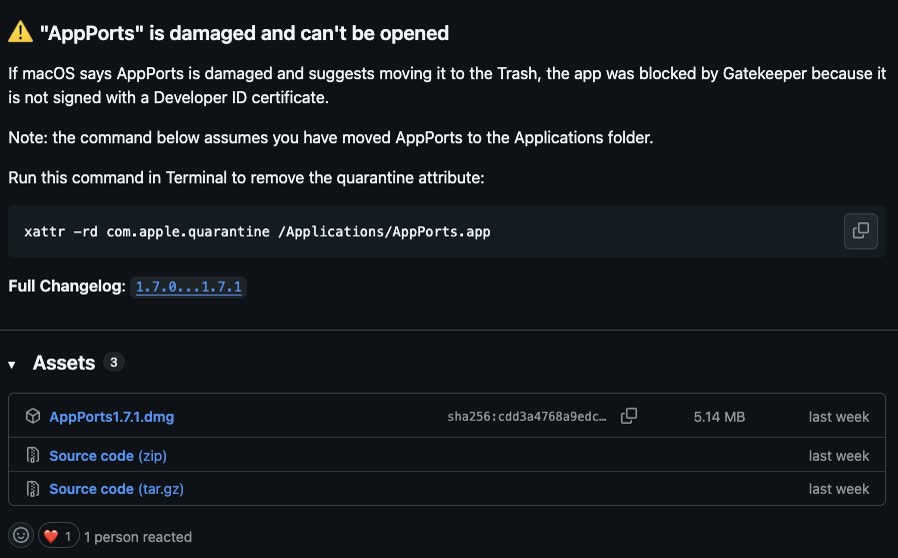 DMG download file on the AppPorts GitHub Releases page