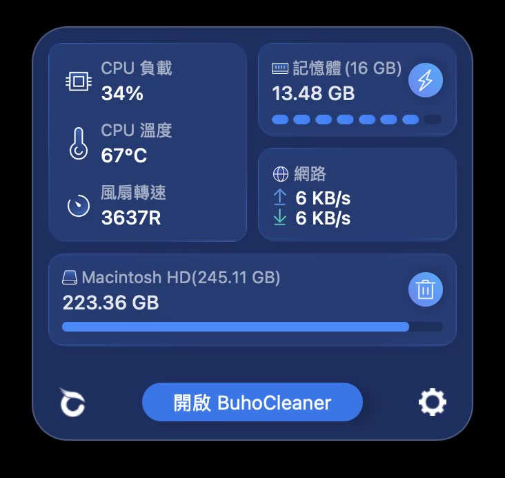 BuhoCleaner menu bar system monitor showing CPU load, CPU temperature, fan speed, memory, network, and disk space