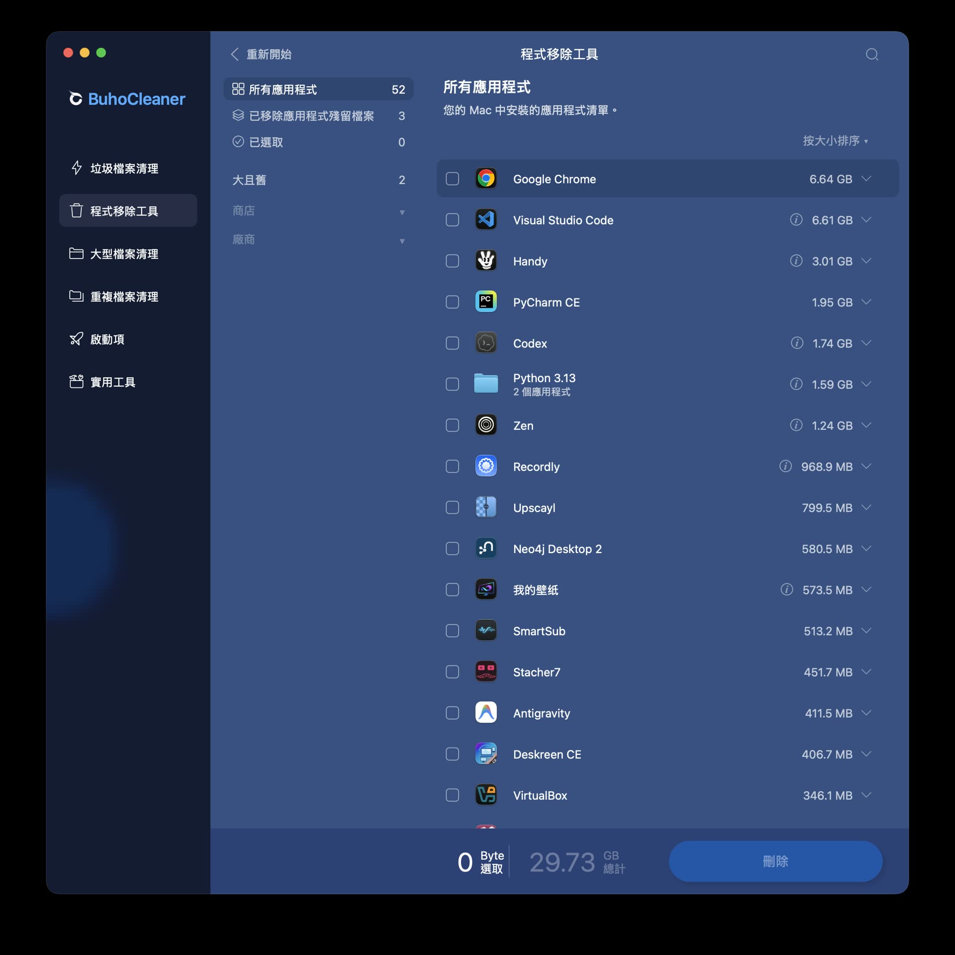 BuhoCleaner app uninstaller screen showing installed Mac apps and their storage usage