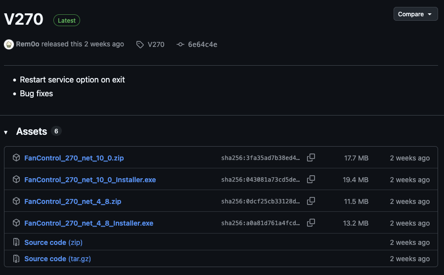 Fan Control installer.exe download item on the GitHub Releases page