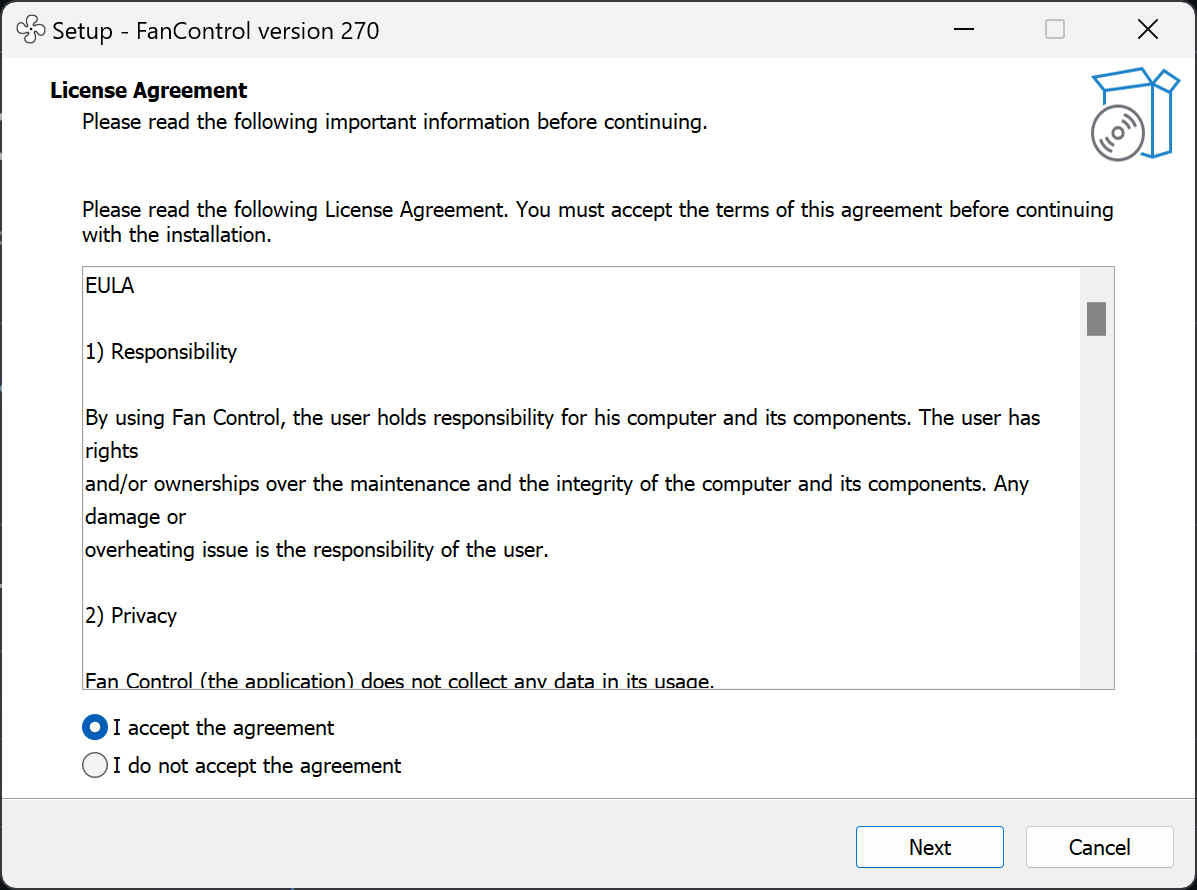 Fan Control installer screen showing the accept and next-step flow