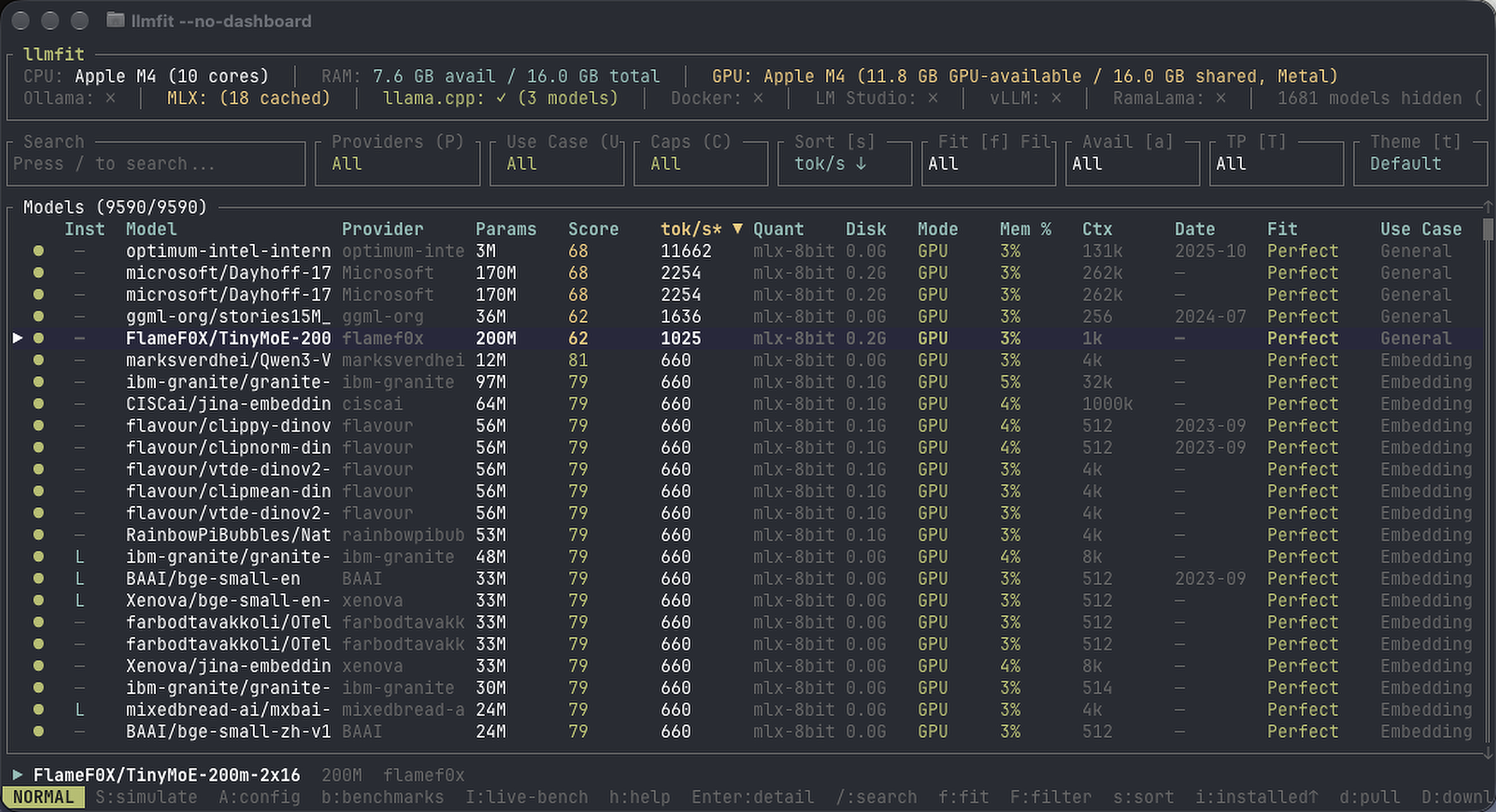 llmfit 按下 s 後改用 tok/s 排序，速度欄位顯示由高到低排列