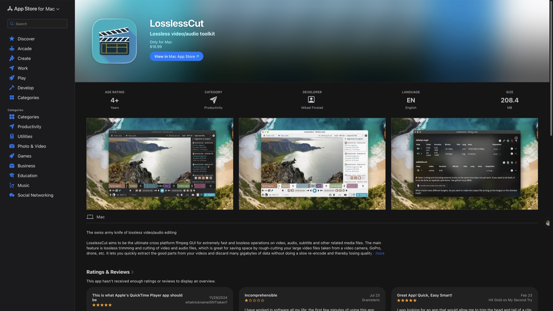 LosslessCut listed for US$18.99 on the US Mac App Store