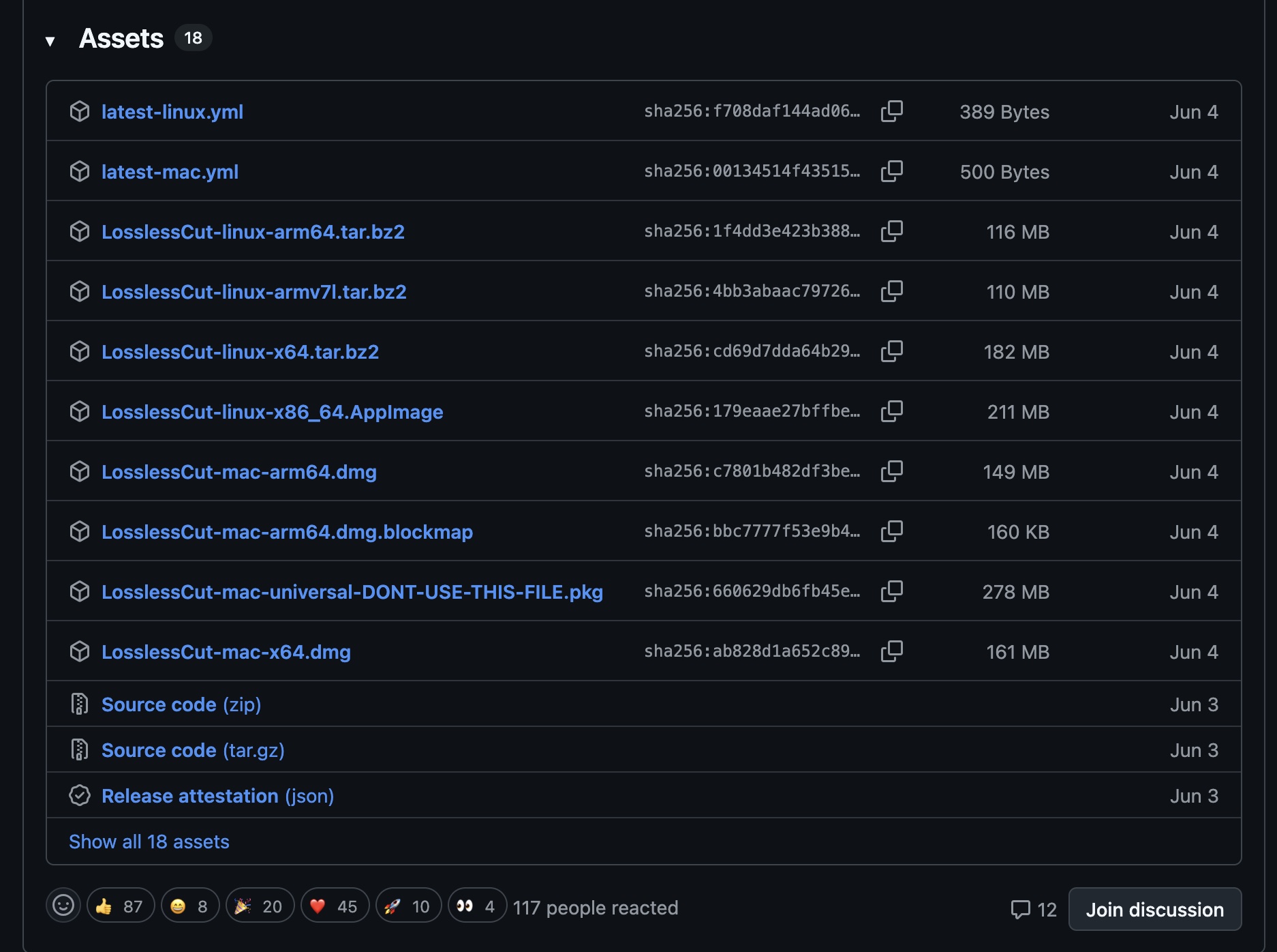 Assets section on the LosslessCut GitHub Releases page with macOS, Windows, and Linux downloads