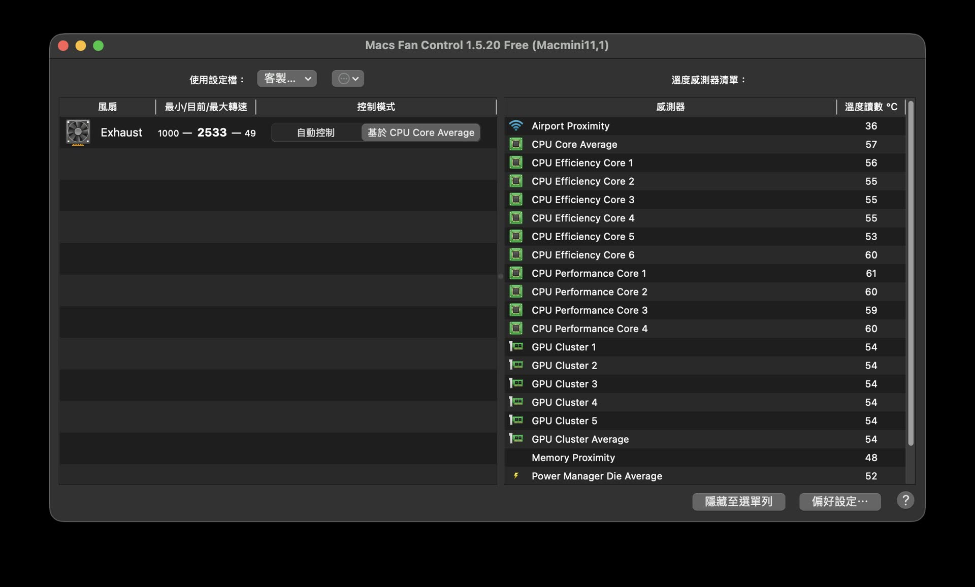 Macs Fan Control main screen showing fan speed and temperature sensor list