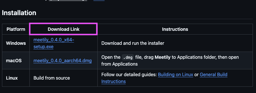 Meetily v0.4.0 的 GitHub Releases 下載表格