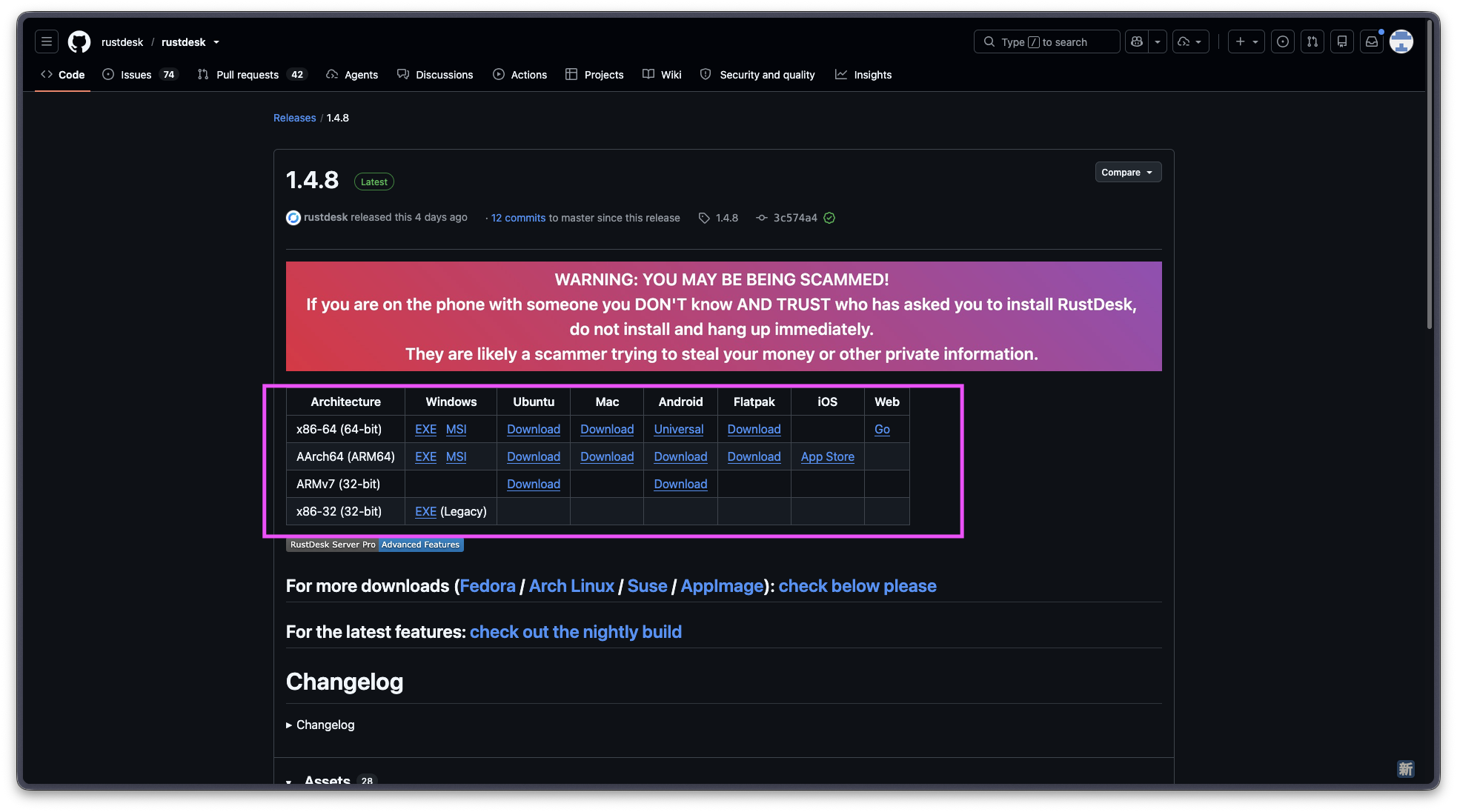 RustDesk GitHub Releases 下載頁面