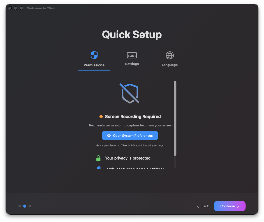 TRex 首次設定頁要求 macOS 的 Screen Recording 權限