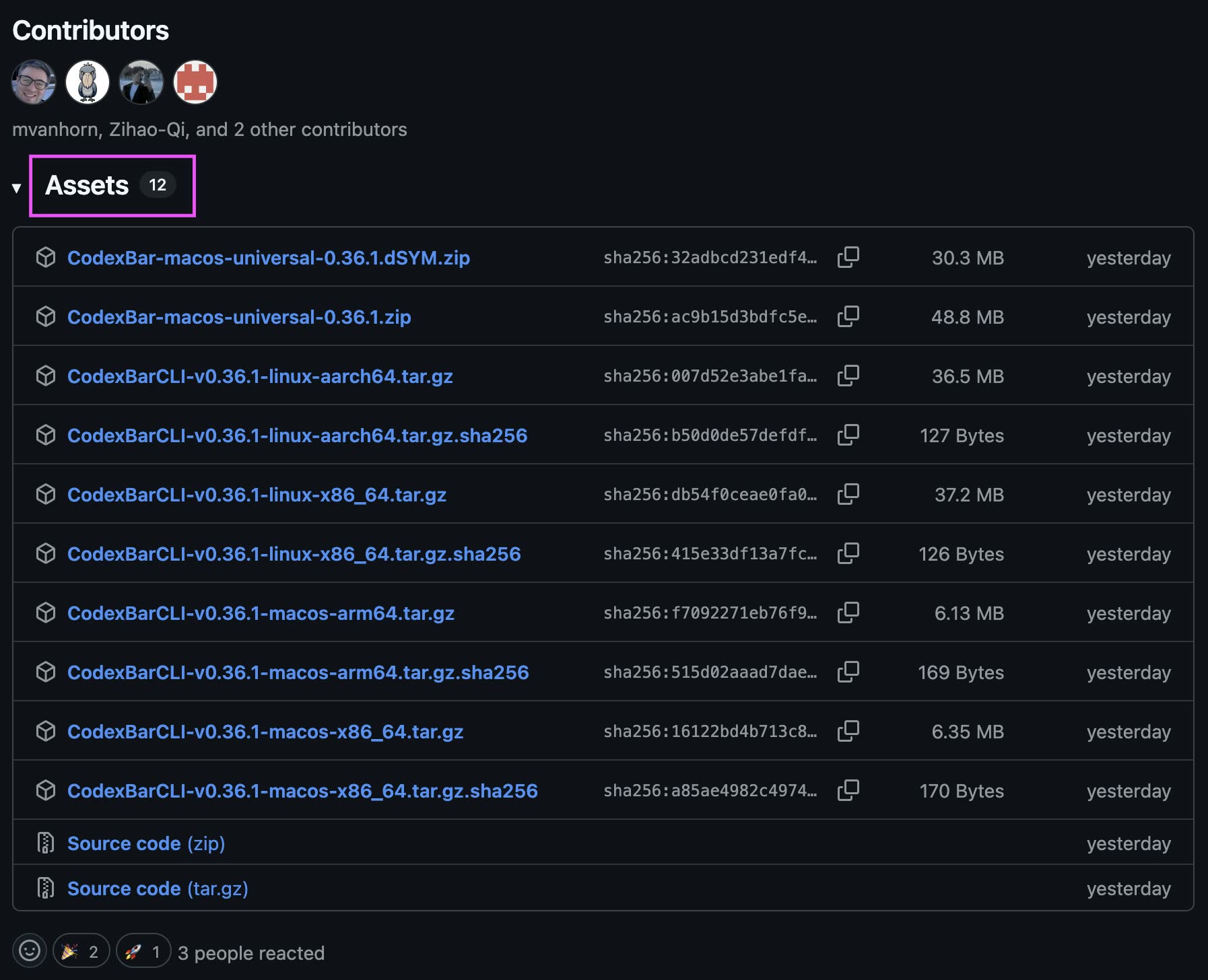 CodexBar GitHub Releases 下載頁面，可選 Universal GUI 版或 CLI Tarball