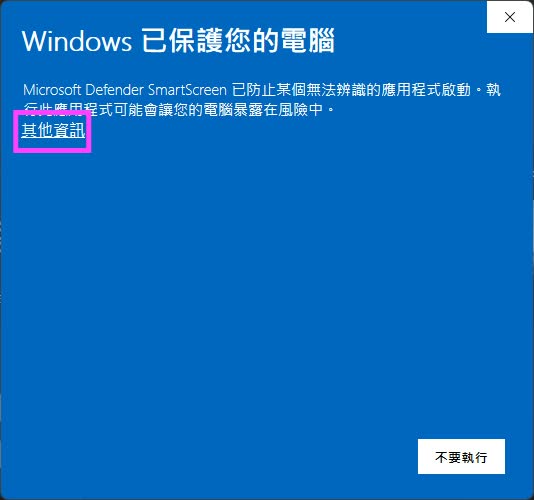 Windows SmartScreen 警告視窗，點擊其他資訊